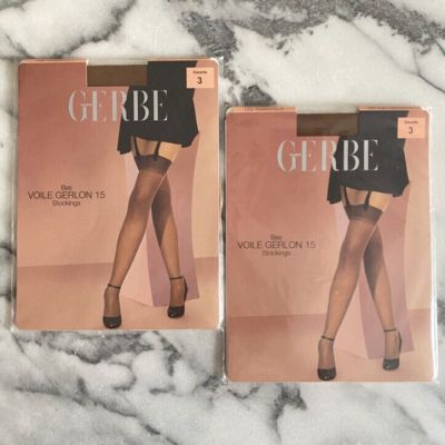 NWT GERBE Thigh High Stockings 2 Pairs Garter 15 Deniers Gazelle Size 3 France